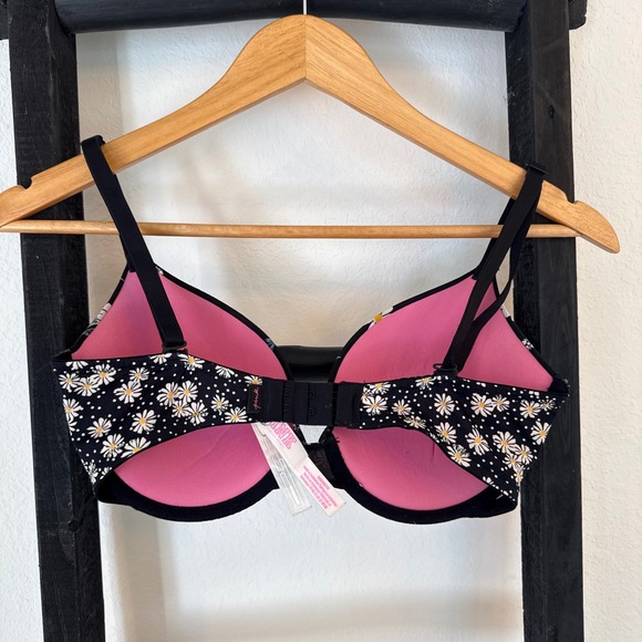 PINK‎ Victoria's Secret Daisy Floral Print Black Push Up Bra 32DD - Picture 2 of 4